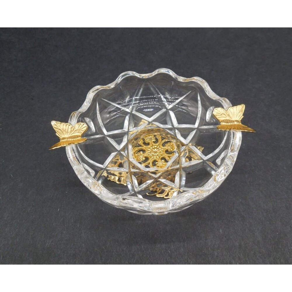 Glass Dish With Gold Butterflies, Ornate Foot And Scalloped Edge Vintage